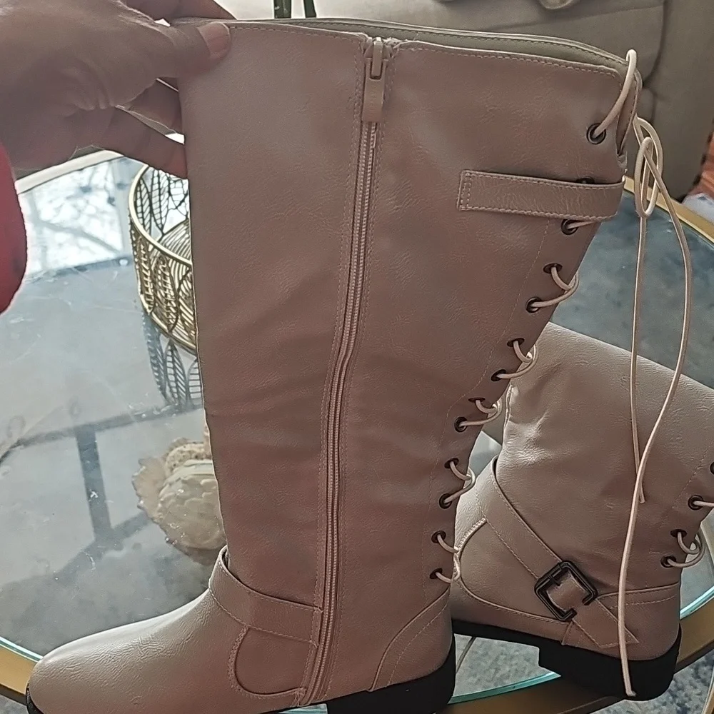 Wanted Lady Luck Over the Knee Boots in Cream Faux Leather Sz 6 New